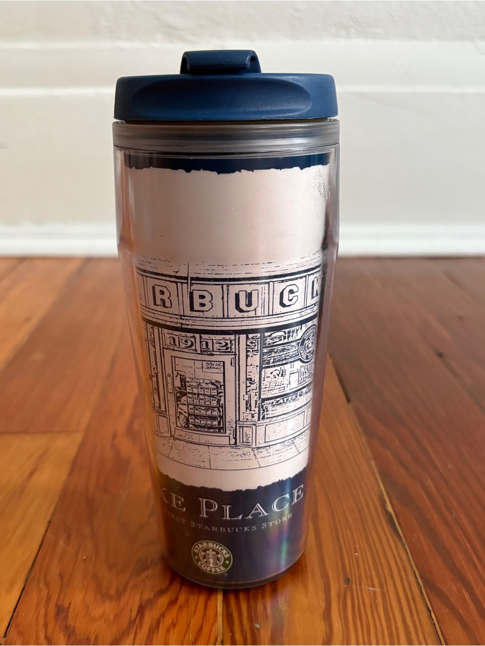 Vintage 2004 Starbucks Pike Place Blue Travel Tumbler w/Illustrated Design 16 oz